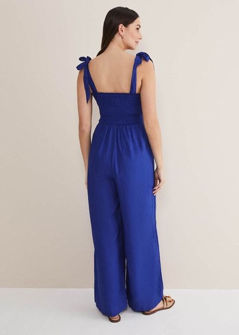 Phase Eight Ona Linen Shirred Wide Leg Jumpsuit Deep Blue Australia | GO1562703